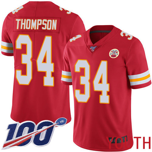 Youth Kansas City Chiefs #34 Thompson Darwin Red Team Color Vapor Untouchable Limited Player 100th Season Football Nike NFL Jersey